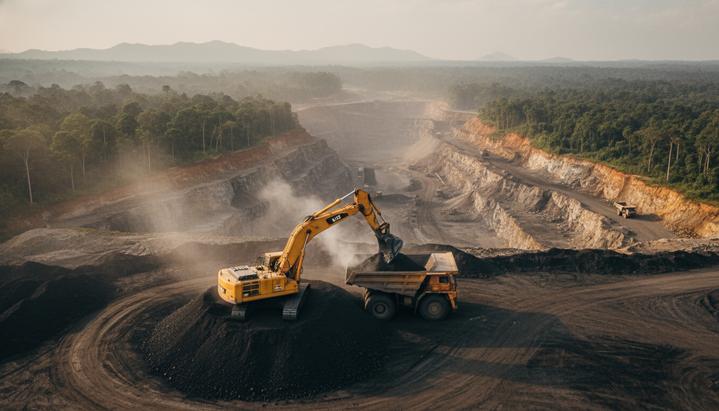 Азиатские инвесторы делают ставку на угольное будущее Индонезии Открытый угольный карьер в Индонезии, вырытый посреди густого тропического леса. На переднем плане большой экскаватор грузит уголь в карьерный самосвал.