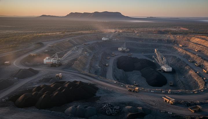 Суд обязал BHP выплатить компенсацию шахтерам за работу в Рождество Панорамный вид на большой угольный разрез в Австралии с массивной горнодобывающей техникой и террасами карьера.