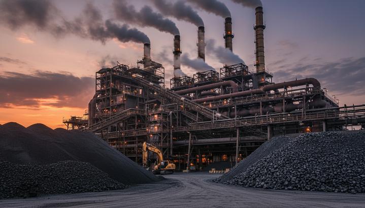 Промышленный пейзаж с коксохимическим заводом, высокими трубами и штабелями коксующегося угля на переднем плане.