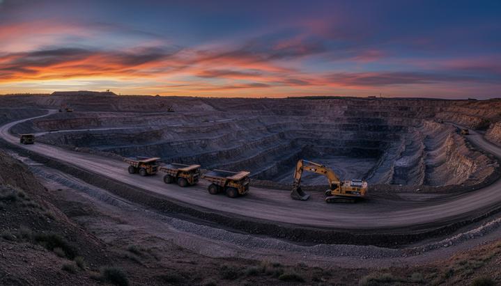 Панорамный вид на открытый угольный карьер Colowyo в Колорадо с террасами выработки и простаивающей горной техникой.