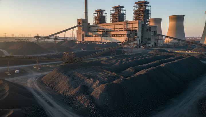 Огромный склад угля на территории крупной электростанции, конвейерные ленты остановлены, рассветное освещение.