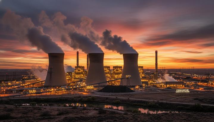 Угольная электростанция Comanche в Пуэбло, Колорадо, с дымящими трубами и градирнями на фоне вечернего неба.