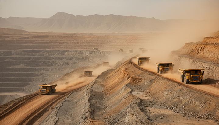 Беспилотные карьерные самосвалы на пыльной дороге в огромном угольном разрезе во Внутренней Монголии, Китай.