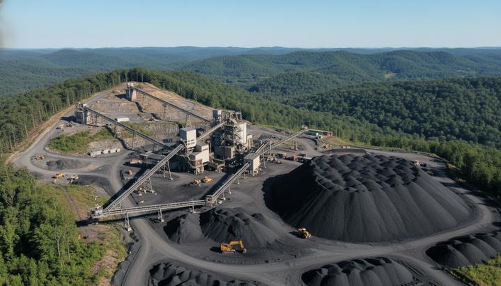 Alpha Metallurgical Resources опубликовала прогноз по добыче на 2026 год Современная угольная шахта в горной местности с конвейерами, обогатительной фабрикой и складами угля.