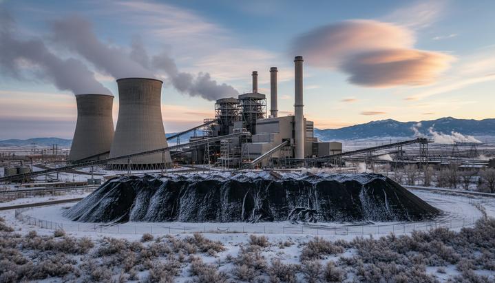 Панорамный вид на угольную электростанцию Крейг с дымовыми трубами на фоне заснеженного пейзажа и гор.