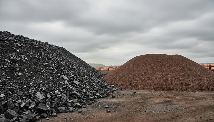 Промышленный склад. Огромная гора черного угля расположена рядом с большой насыпью красно-коричневой железной руды.