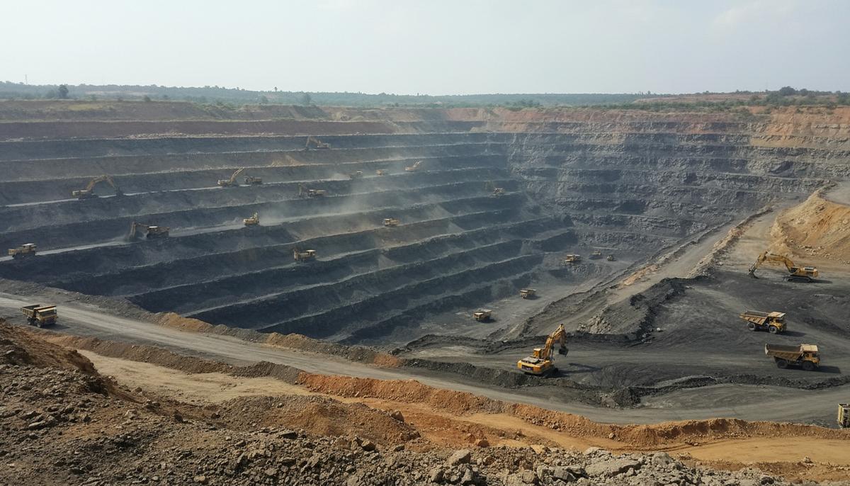 Огромный карьер по добыче коксующегося угля в Индии. Видны террасные отвалы, угольные пласты и крупная горнодобывающая техника.