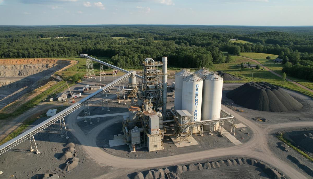 Современный комплекс зданий и сооружений новой угольной шахты с конвейерами и элеваторами на фоне зеленых холмов.