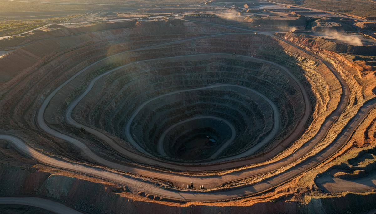 Стратегический просчет BHP: конкуренты объединяются на медном рынке Огромный медный карьер с высоты птичьего полета, видны гигантские террасы рудника и технологические дороги без спецтехники и людей.