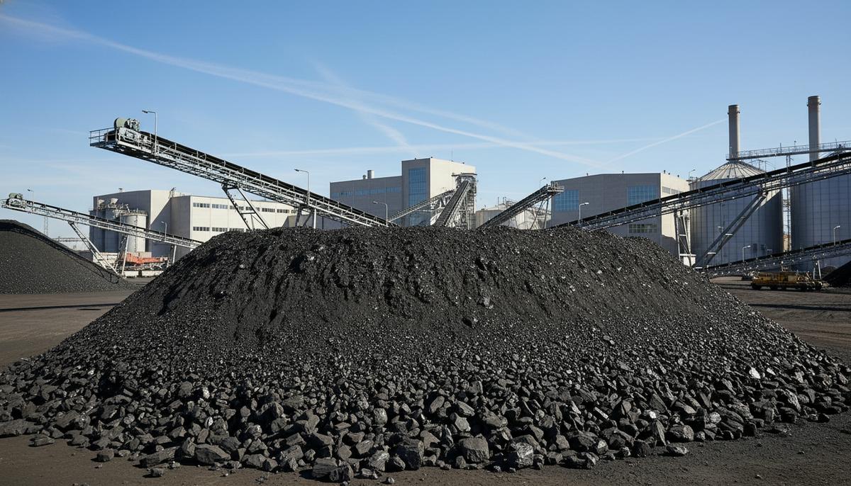 Крупный склад угля на территории современной электростанции с конвейерными лентами и промышленными сооружениями.