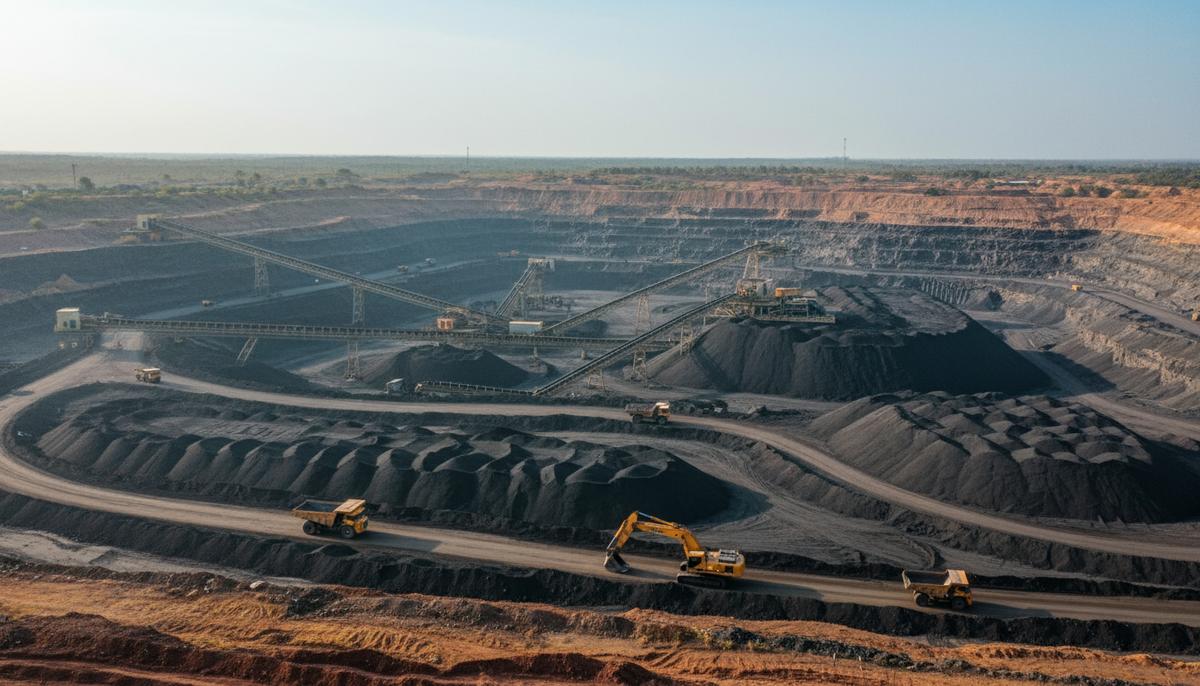 Панорамный вид на открытый карьер по добыче коксующегося угля с террасами выработки и тяжелой горной техникой.