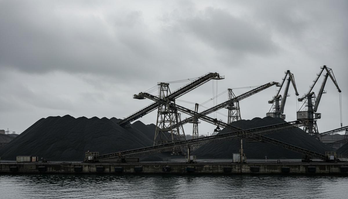 Огромные горы угля в грузовом порту рядом с промышленными кранами и конвейерными лентами под пасмурным небом.