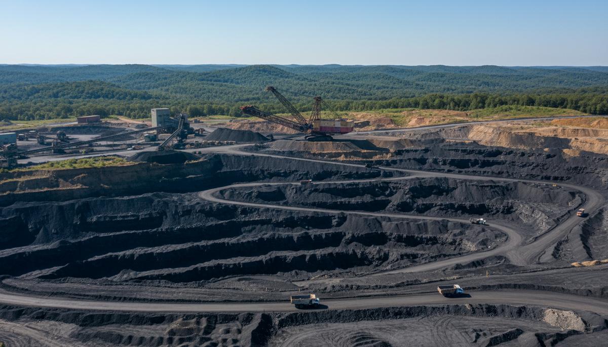 Огромный угольный карьер по добыче коксующегося угля в Алабаме с массивными террасами и горнодобывающей техникой.