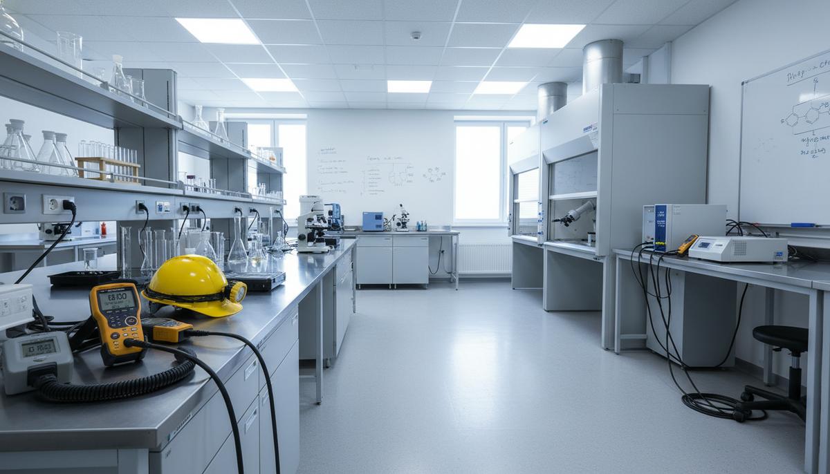 Современная научная лаборатория с оборудованием для обеспечения безопасности в шахтах: желтая каска, датчики газа и пыли на столе.