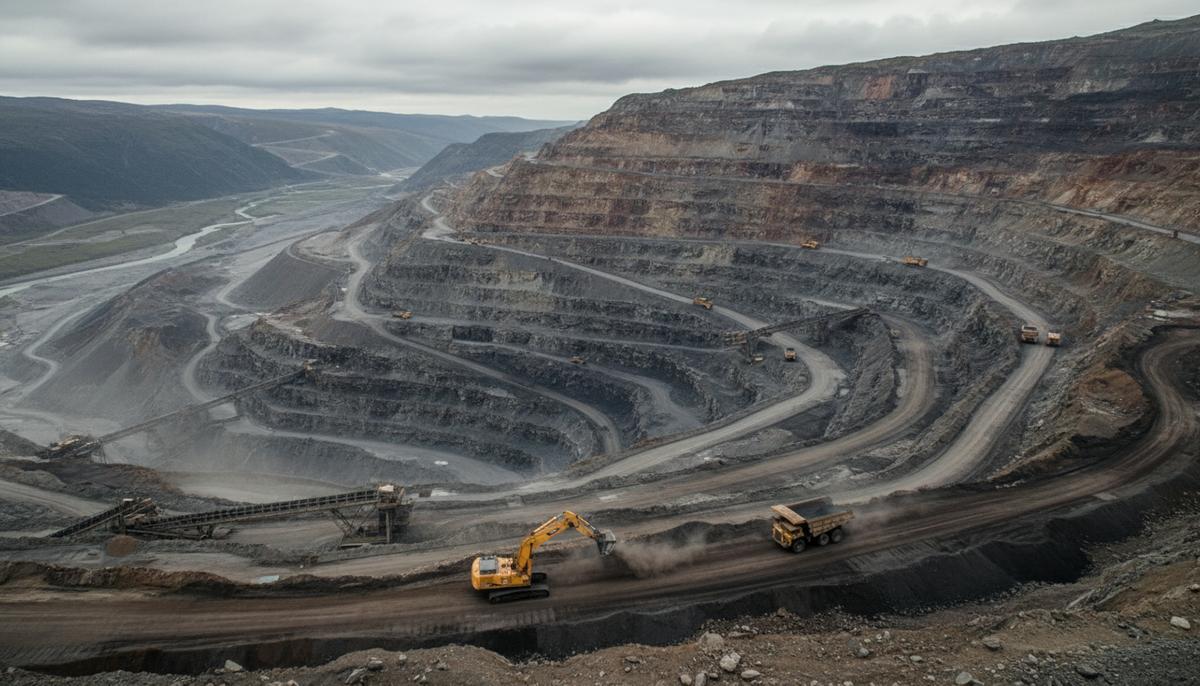 Панорама большого угольного карьера в горной местности с четко выраженными уступами для добычи угля.