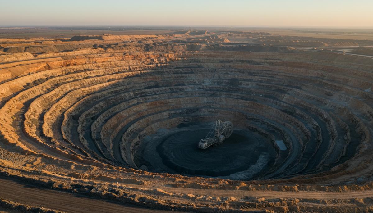 Индия признала коксующийся уголь критическим минералом для стальной отрасли Панорамный вид большого карьера по добыче коксующегося угля с террасами и черными угольными пластами.