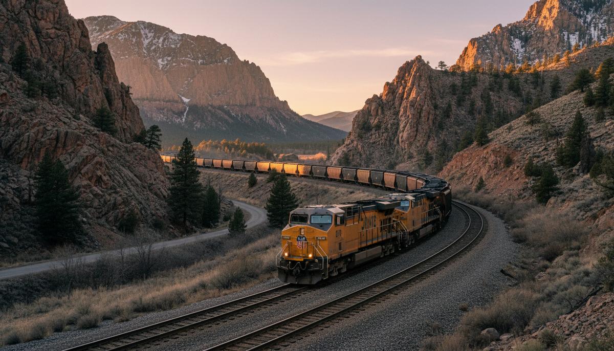 Длинный грузовой поезд с вагонами для угля движется по железной дороге через скалистый горный перевал на закате.