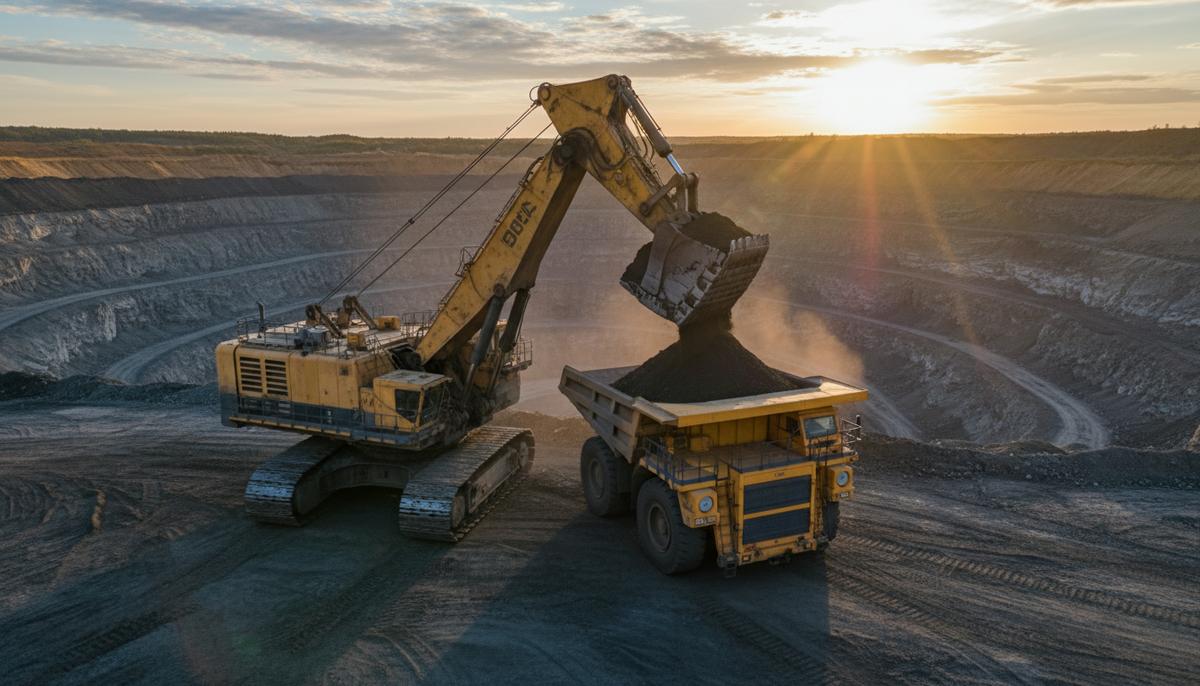 Hitachi инвестирует $3 млн в ИИ для аналитики горнодобывающей техники Огромный карьерный экскаватор загружает углем большой самосвал в открытом разрезе на фоне террасного ландшафта.