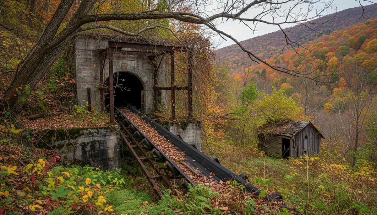 Заброшенный вход в угольную шахту и неподвижный конвейер на фоне холмистого осеннего пейзажа гор Аппалачи.