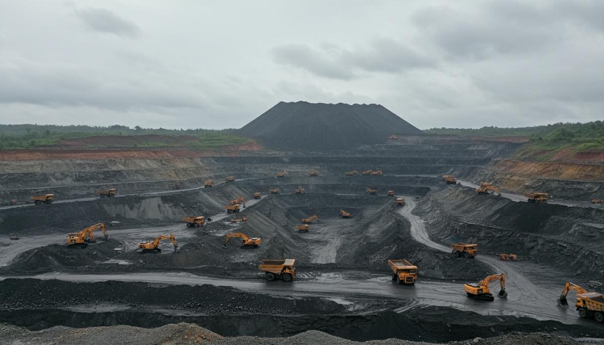 Огромный карьер угольной шахты в Индонезии с простаивающей карьерной техникой: самосвалами и экскаваторами на фоне горы угля.