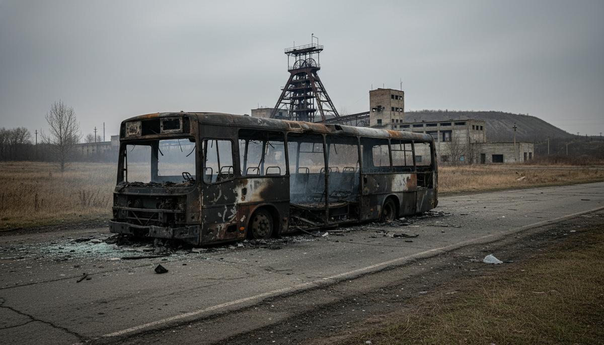 Сгоревший остов автобуса на дороге на фоне промышленных зданий угольной шахты в Днепропетровской области, Украина.