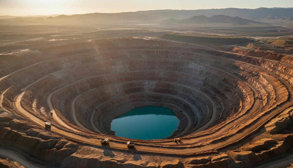 Огромный современный карьер по добыче руды, вид сверху. Разноцветные террасы горного разреза и гигантская техника на дне.