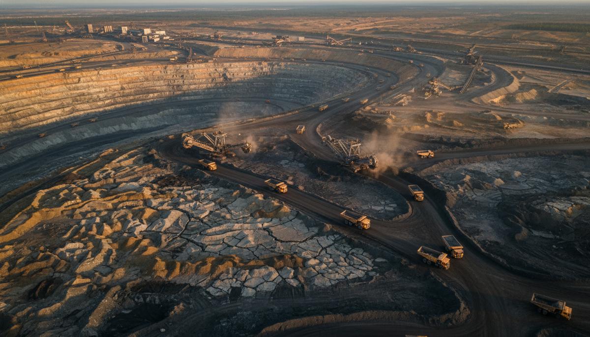 Панорама огромного угольного карьера с гигантскими экскаваторами и карьерными самосвалами, демонстрирующая масштабы промышленной добычи полезных ископаемых.
