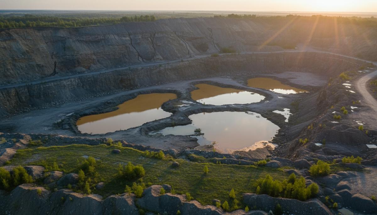 Панорамный вид заброшенного угольного разреза с высокими крутыми откосами и участками рекультивации с молодой зеленой растительностью.