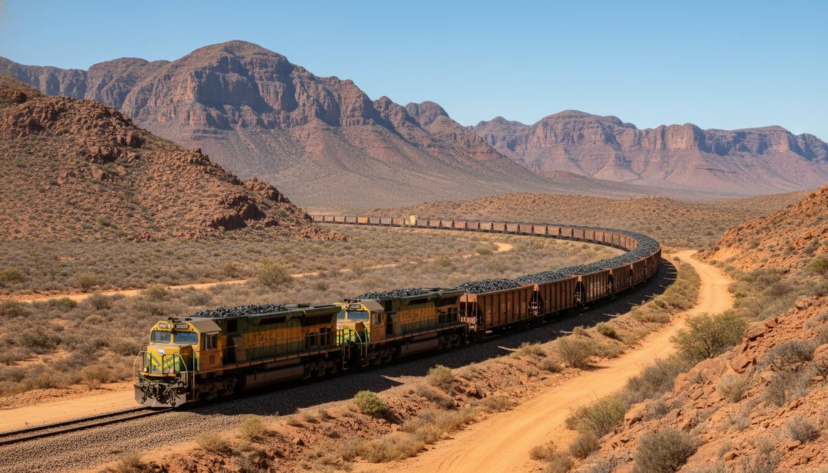 Товарный состав, груженый марганцевой рудой, на фоне горного пейзажа в ЮАР.