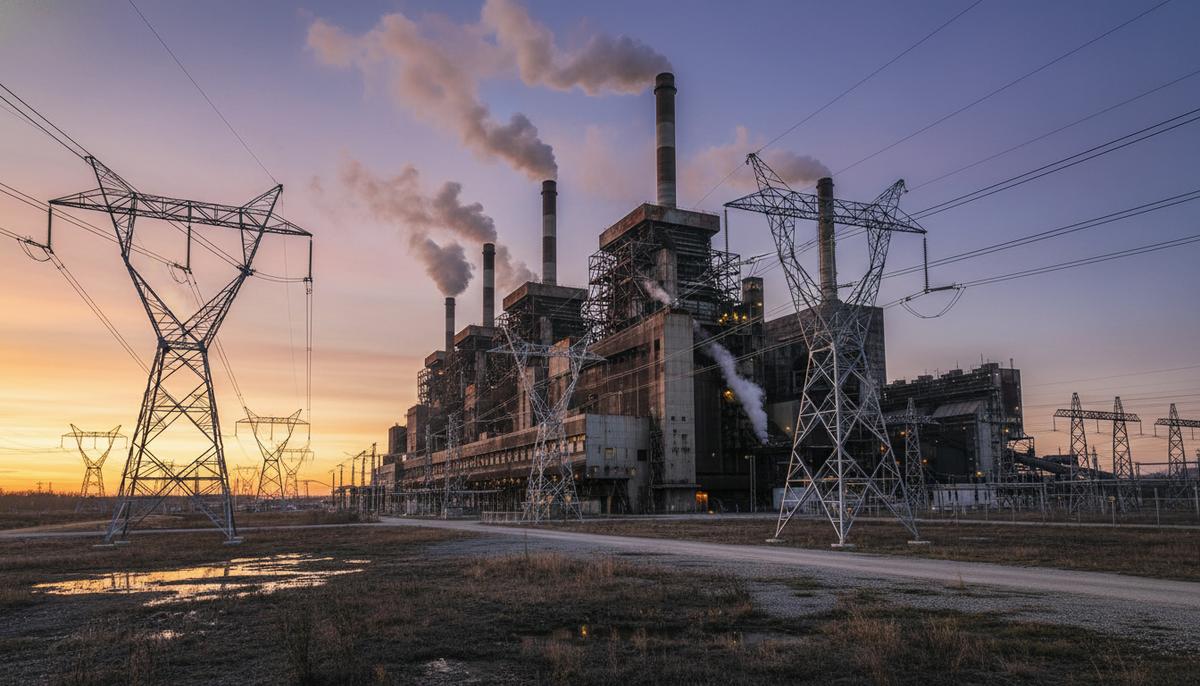Угольная электростанция на закате с дымящими трубами и линиями электропередач на переднем плане.