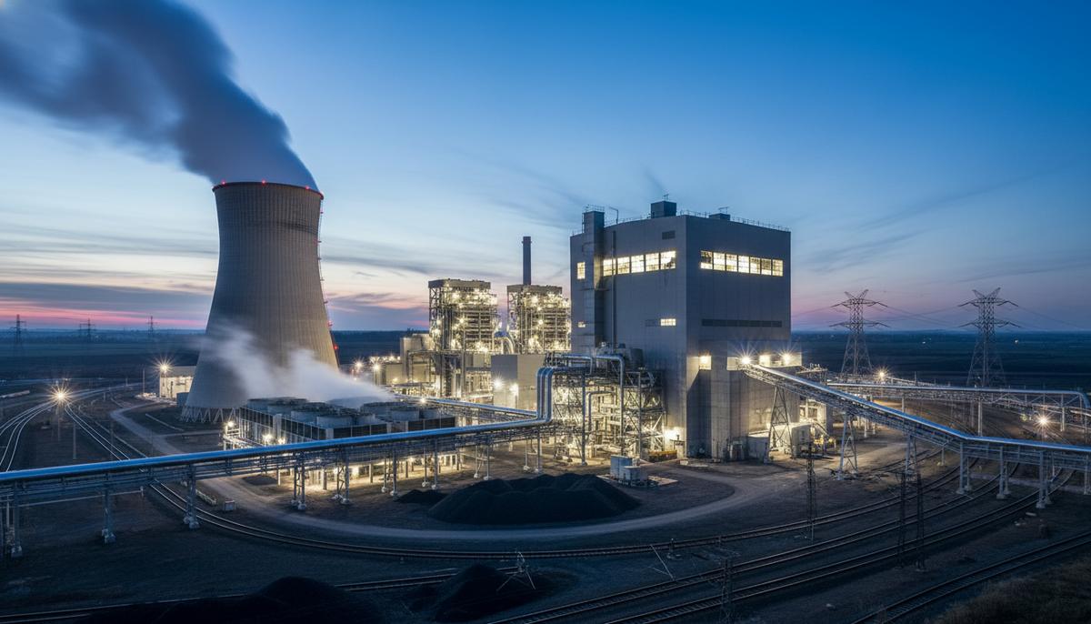 Современная угольная электростанция в вечернем освещении. Вид на промышленные корпуса, конвейеры и градирню с паром.