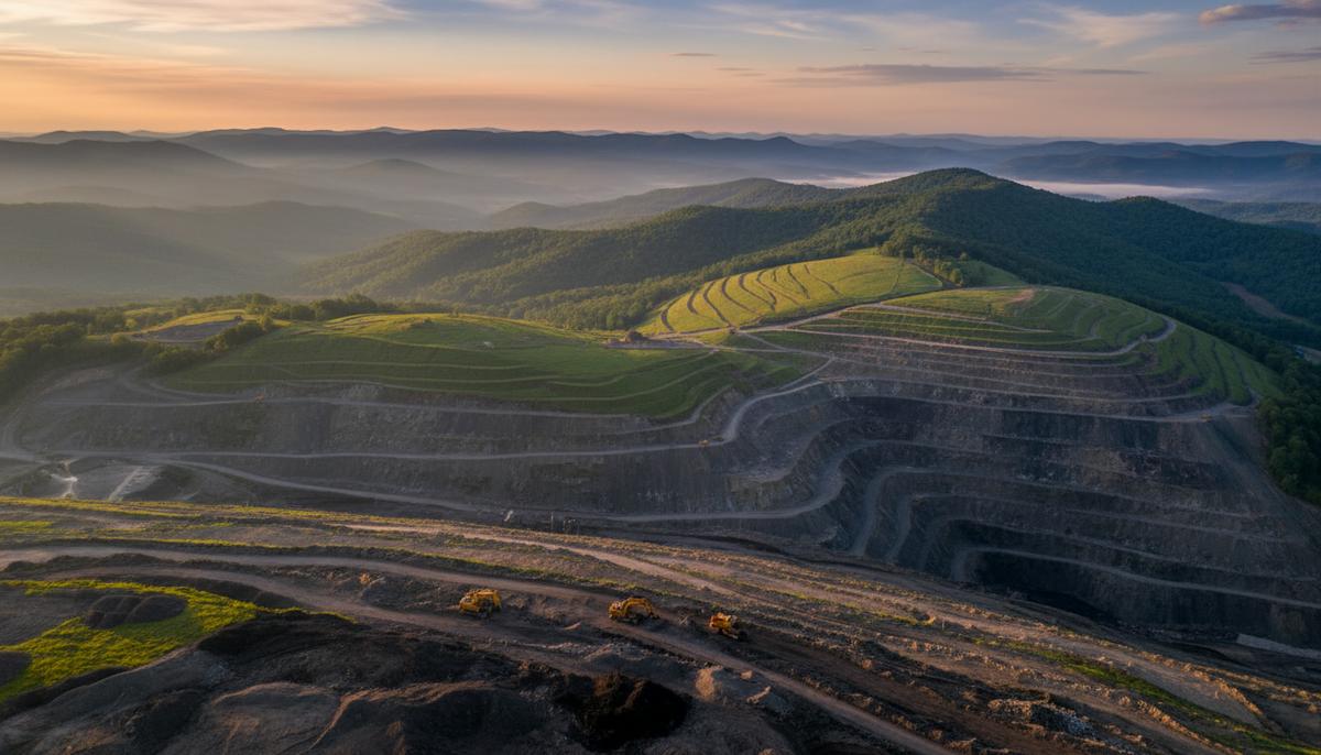 Открытый угольный карьер в гористой местности Аппалачей. Часть склонов карьера рекультивирована и покрыта зеленой растительностью.