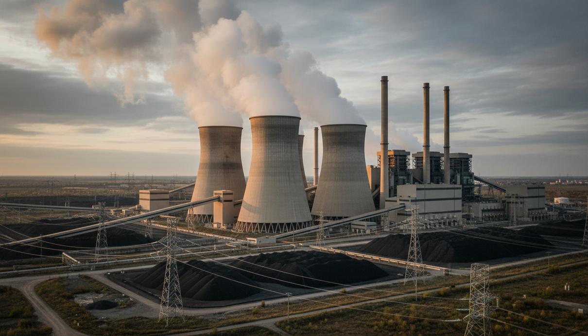 Масштабная угольная электростанция с высокими дымовыми трубами и градирнями на фоне неба.