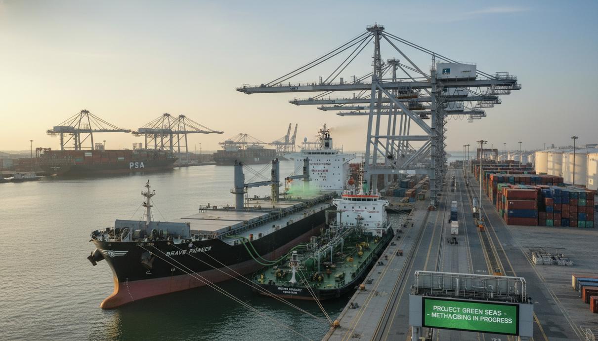 Крупный сухогруз типа Kamsarmax Brave Pioneer у причала в порту Сингапура, рядом с ним бункеровщик, подающий топливо. На заднем плане портовые краны.