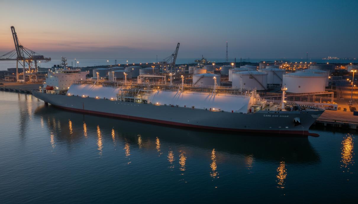 Современный танкер-бункеровщик СПГ в порту. На палубе видны системы для перекачки сжиженного газа. На заднем плане – портовые сооружения.