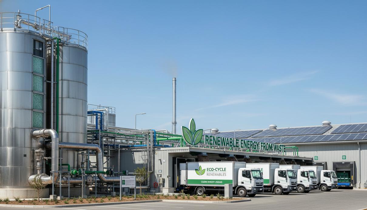 Современный комплекс по переработке пищевых отходов с анаэробными реакторами, трубопроводами и зонами для разгрузки сырья.