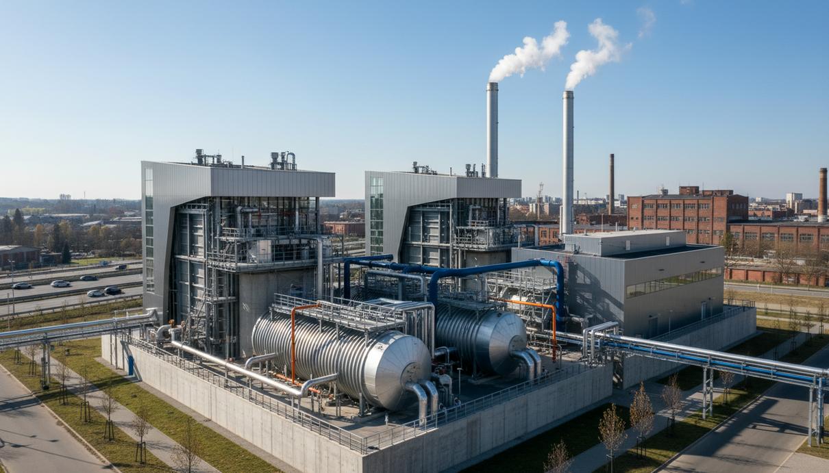 Внешний вид современной теплоэлектроцентрали в городском индустриальном пейзаже с комплексом оборудования для рекуперации тепла, трубопроводами и дымовыми трубами.