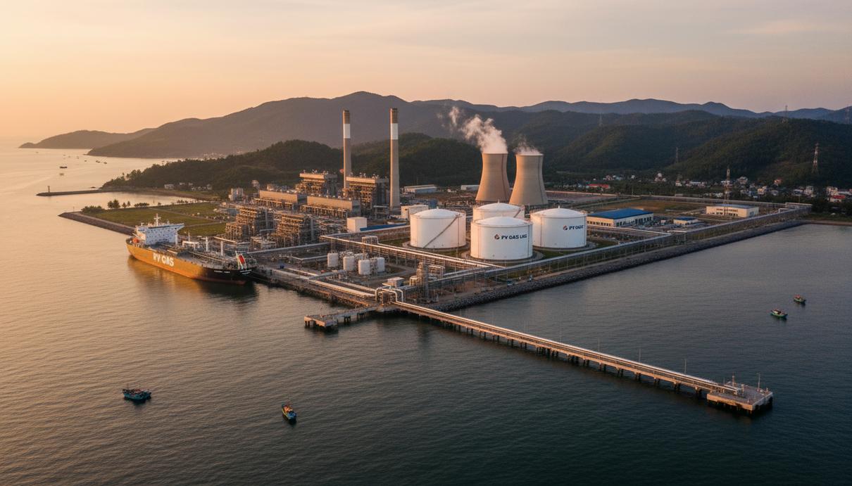 Панорамный вид на современный терминал СПГ с гигантскими резервуарами, портовыми сооружениями и газовой электростанцией на побережье Вьетнама.
