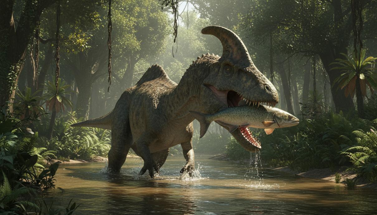 Динозавр Spinosaurus mirabilis с большим гребнем на голове стоит в реке в доисторическом лесу и держит в зубах рыбу.