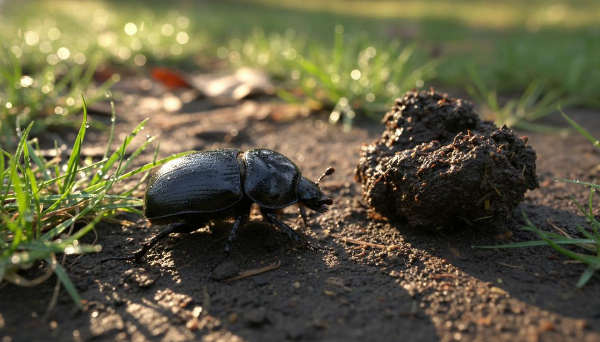 Крупный план: черный жук-навозник сидит на влажной почве рядом с кучкой экскрементов и зелеными травинками.