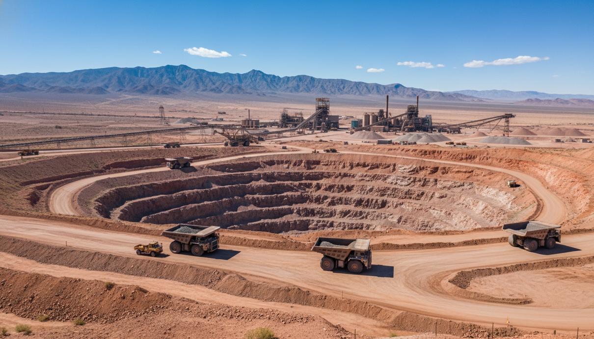 Масштабный открытый карьер в пустынной местности с многоуровневыми террасами, горнодобывающим оборудованием и перерабатывающим комплексом на фоне гор.