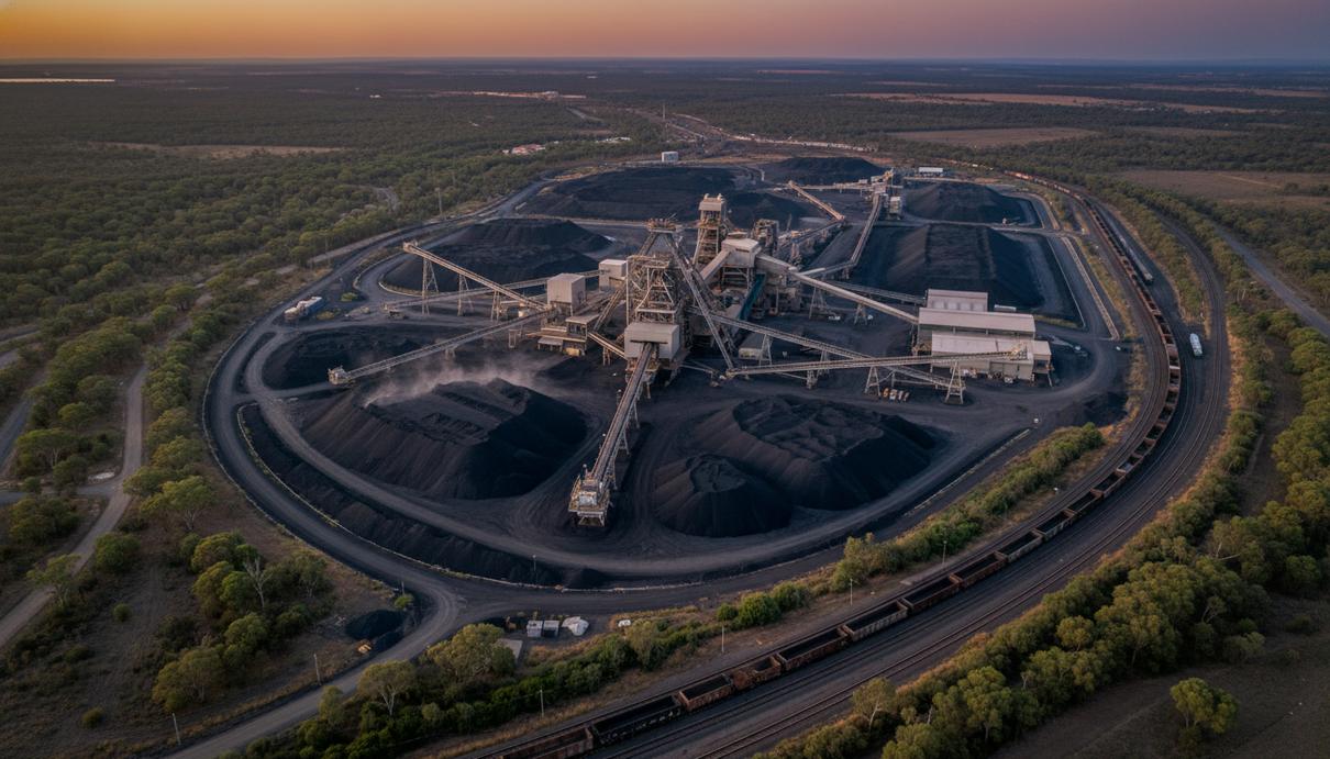 Аэрофотосъемка угольного комплекса в Долине Хантер, Австралия: завод по переработке угля, конвейеры, угольные склады, железнодорожные пути среди буша.