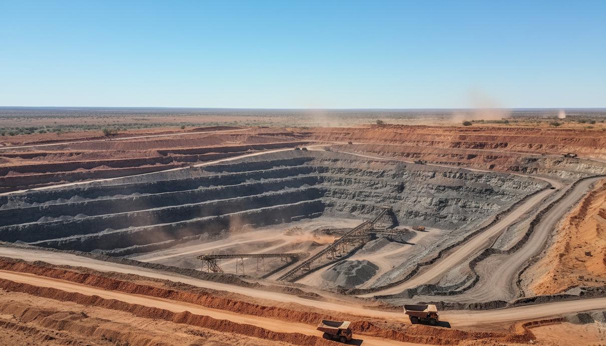 Панорама открытого угольного разреза в Австралии с ярусами выработки и промышленными сооружениями