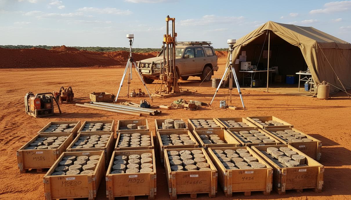 Геологическое оборудование и ящики с образцами керна на фоне открытого ландшафта в ЮАР