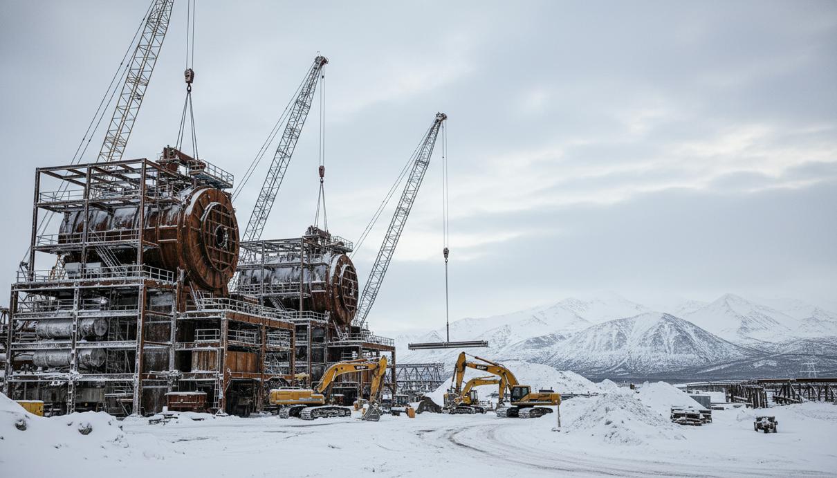 Строительство угольной электростанции на Аляске с кранами и промышленными блоками на фоне горного ландшафта