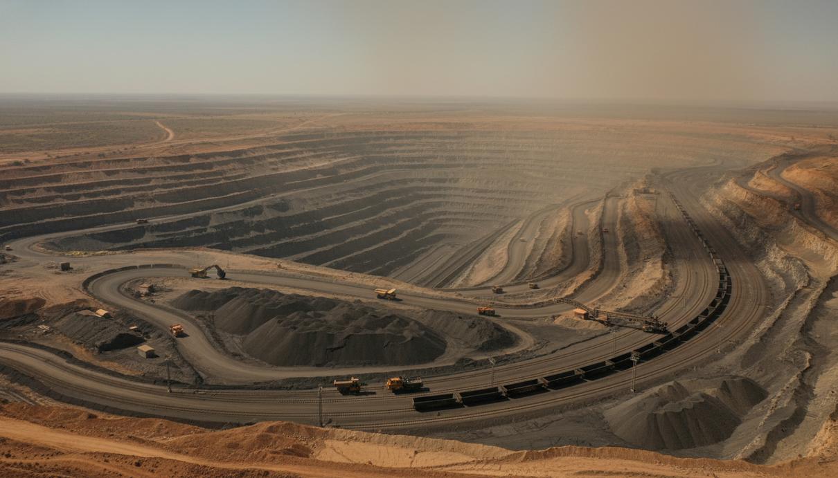 Панорама угольного разреза с террасами для добычи, промышленной техникой и залежами угля