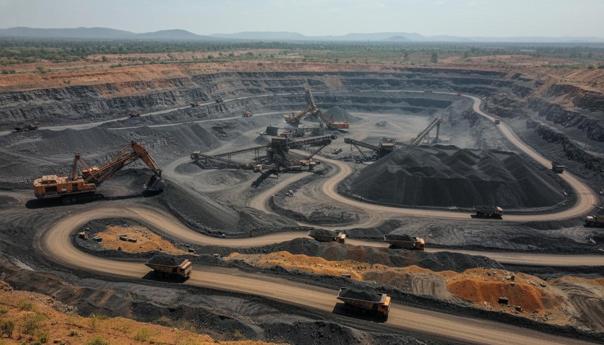 Масштабный угольный разрез с террасами, промышленной техникой и насыпями добытого угля