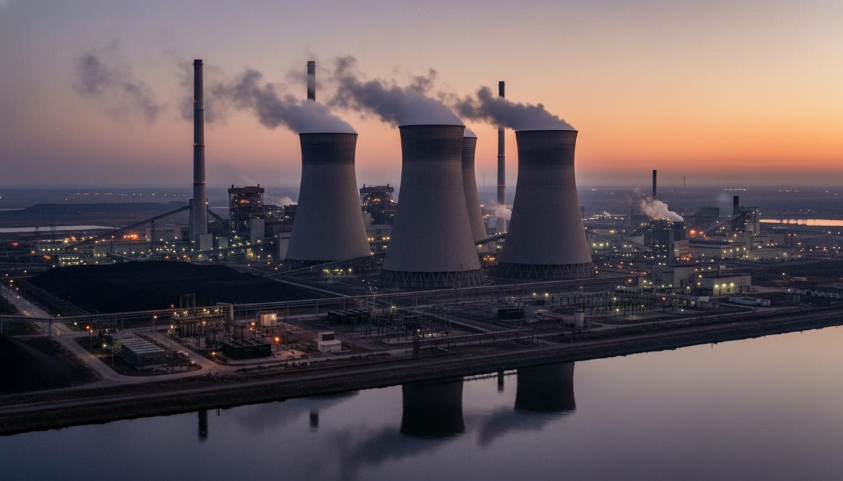 Индустриальный вид на угольную электростанцию с дымовыми трубами и градирнями в вечернее время.