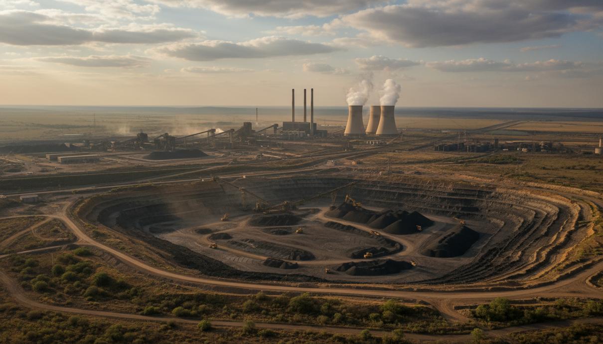 Промышленный пейзаж с угольной шахтой и тепловой электростанцией с дымящими трубами на горизонте